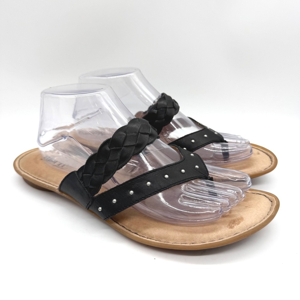 Born Braided Strap Thong Sandals Slip On Flats Black Leather Size 11 Boho Casual